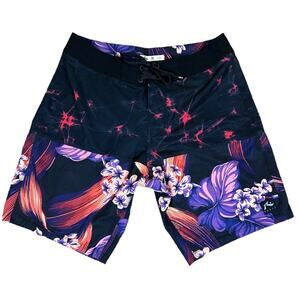 Rusty Classic Hawaiian Tropical Board Shorts Size 30 Black Pink Purple